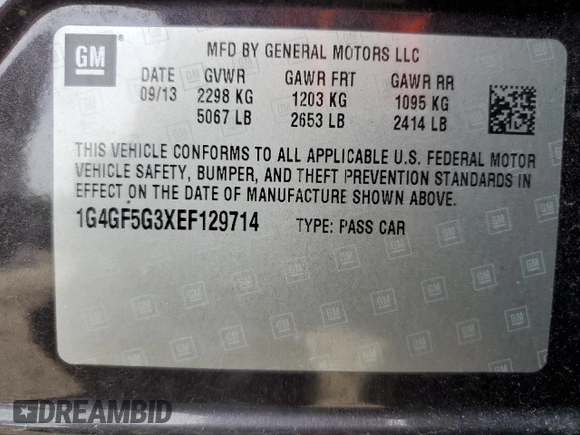 2014 Buick LaCrosse Premium II with VIN 1G4GF5G3XEF129714, listed as a Copart auction lot 58734075 with 140,024 mi miles and Salvage title. Bid and sale history available at DreamBid. Image 12.
