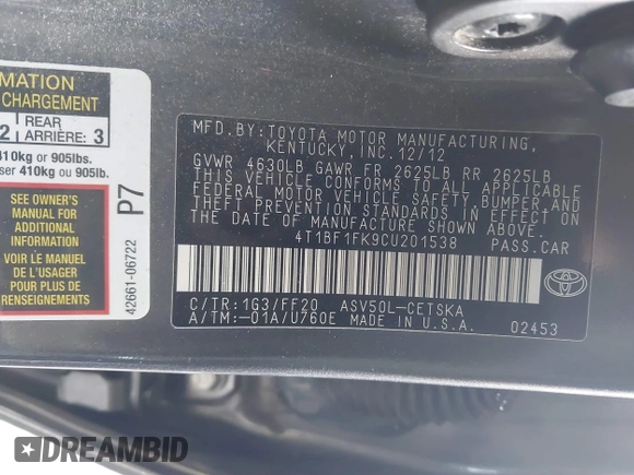 2012 Toyota Camry L with VIN 4T1BF1FK9CU201538, listed as a IAAI auction lot 41843296 with 136,902 mi miles. Bid and sale history available at carsss.com. Image 9.