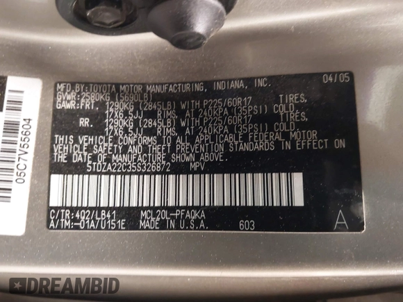 2005 Toyota Sienna XLE with VIN 5TDZA22C35S326872, listed as a IAAI auction lot 41848835 with 199,248 mi miles and . Bid and sale history available at DreamBid. Image 9.