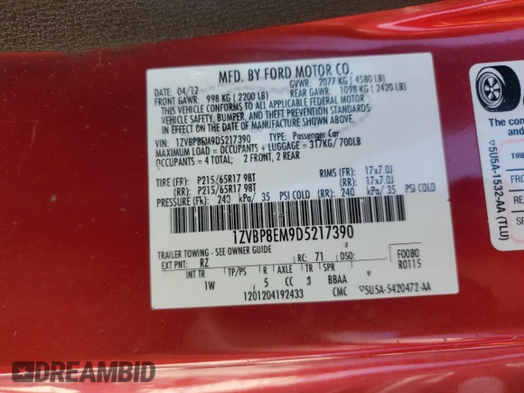 2013 Ford Mustang V6 with VIN 1ZVBP8EM9D5217390, listed as a Copart auction lot 50158865 with 128,928 mi miles and Salvage title. Bid and sale history available at DreamBid. Image 12.