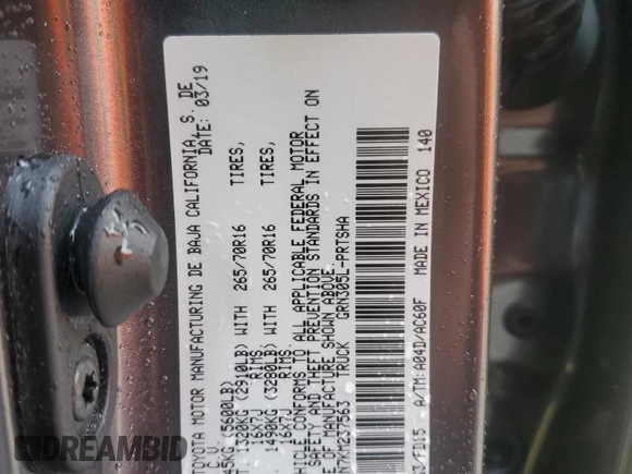 2019 Toyota Tacoma SR with VIN 3TMCZ5AN7KM237563, listed as a Copart auction lot 53919355 with 65,392 mi miles and Salvage title. Bid and sale history available at DreamBid. Image 12.