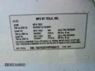 2023 Tesla Model Y Performance with VIN 7SAYGDEF4PF665873, listed as a Copart auction lot 49620705 with 39,239 mi miles and Salvage Title. Bid and sale history available at DreamBid. Image 13.