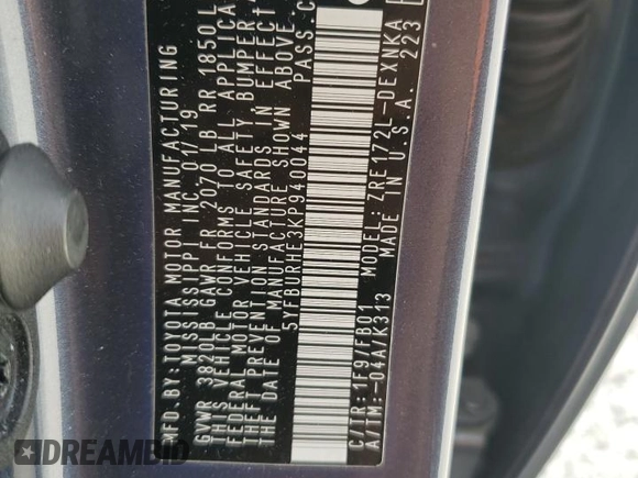 2019 Toyota Corolla L z VIN 5YFBURHE3KP940044, wystawiony jako Copart lot #58835385 z przebiegiem 54 375 mil mil oraz Szkoda całkowita • Salvage title. Historia ofert i sprzedaży dostępna na DreamBid. Obrazek 12.
