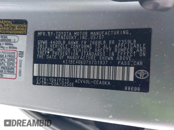2007 Toyota Camry CE with VIN 4T1BE46K07U701937, listed as a IAAI auction lot 41542493 with 152,721 mi miles and . Bid and sale history available at DreamBid. Image 9.