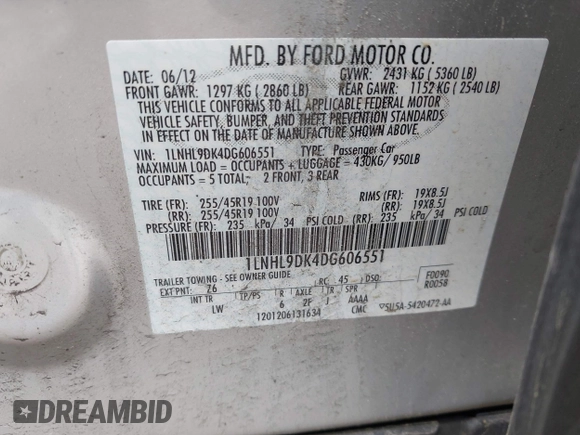 2013 Lincoln MKS with VIN 1LNHL9DK4DG606551, listed as a IAAI auction lot 42343140 with 70,424 mi miles and . Bid and sale history available at DreamBid. Image 9.