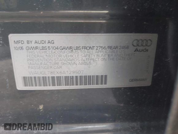 2006 Audi S4 z VIN WAUGL78EX6A129507, wystawiony jako IAAI lot #41906976 z przebiegiem Nie podano mil oraz . Historia ofert i sprzedaży dostępna na DreamBid. Obrazek 9.