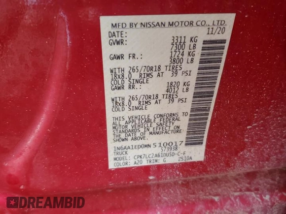 2021 Nissan Titan SV with VIN 1N6AA1ED0MN510017, listed as a Copart auction lot 55466215 with 38,556 mi miles and Salvage title. Bid and sale history available at DreamBid. Image 12.
