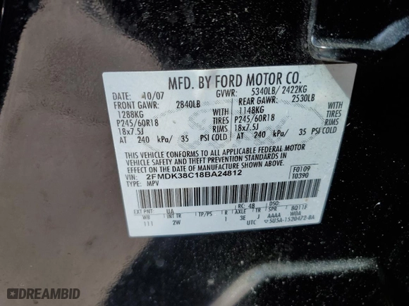 2008 Ford Edge SEL with VIN 2FMDK38C18BA24812, listed as a Copart auction lot 48206055 with 262,887 mi miles and Salvage Title. Bid and sale history available at carsss.com. Image 14.