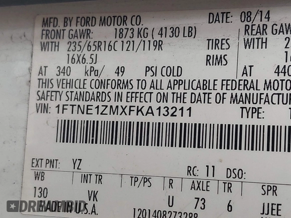 2015 Ford Transit Cargo with VIN 1FTNE1ZMXFKA13211, listed as a IAAI auction lot 41917739 with 250,146 mi miles. Bid and sale history available at carsss.com. Image 9.