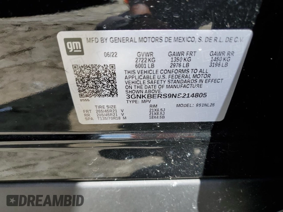 2022 Chevrolet Blazer RS z VIN 3GNKBERS9NS214805, wystawiony jako Copart lot #58304495 z przebiegiem Nie podano mil oraz Nie do naprawy • Non repairable. Historia ofert i sprzedaży dostępna na DreamBid. Obrazek 13.
