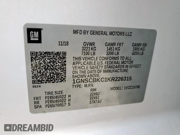 2019 Chevrolet Tahoe LT with VIN 1GNSCBKC1KR226315, listed as a Copart auction lot 57215915 with 153,170 mi miles and Salvage title. Bid and sale history available at DreamBid. Image 13.