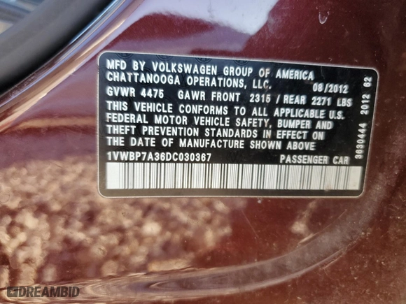 2013 Volkswagen Passat SE with VIN 1VWBP7A36DC030367, listed as a Copart auction lot 44969815 with 132,793 mi miles and Salvage Title. Bid and sale history available at carsss.com. Image 12.