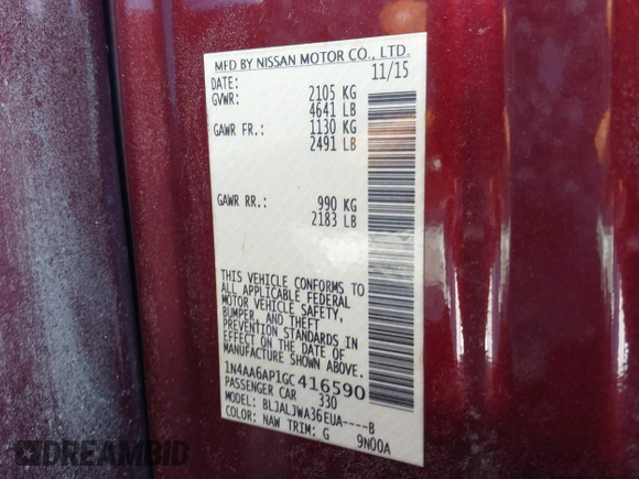2016 Nissan Maxima Platinum z VIN 1N4AA6AP1GC416590, wystawiony jako IAAI lot #41817288 z przebiegiem 248 514 mil mil oraz . Historia ofert i sprzedaży dostępna na DreamBid. Obrazek 9.
