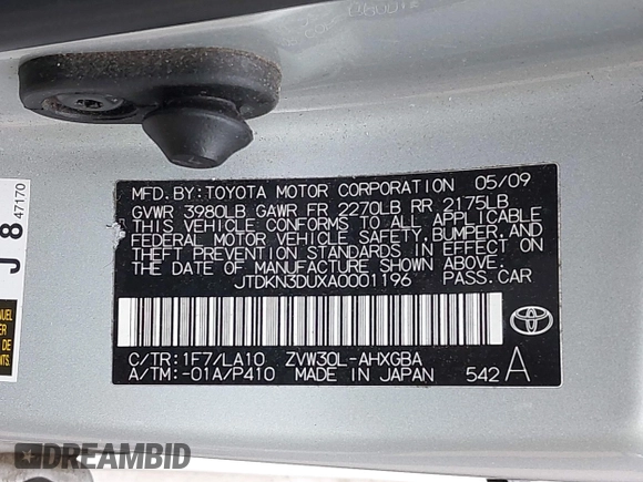 2010 Toyota Prius II with VIN JTDKN3DUXA0001196, listed as a IAAI auction lot 42246433 with 191,054 mi miles and . Bid and sale history available at DreamBid. Image 9.