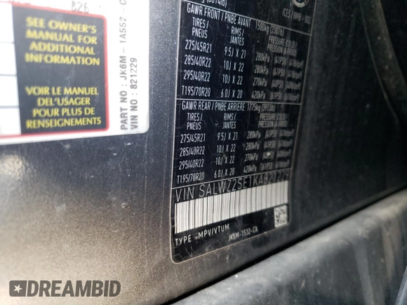 2019 Land Rover Range Rover Sport SVR with VIN SALWZ2SE1KA821229, listed as a Copart auction lot 46213362 with Not Provided miles and Non Repairable. Bid and sale history available at DreamBid. Image 10.