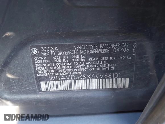 2006 BMW 3 Series 330xi with VIN WBAVD335X6KV66101, listed as a IAAI auction lot 41965628 with 142,246 mi miles. Bid and sale history available at carsss.com. Image 9.