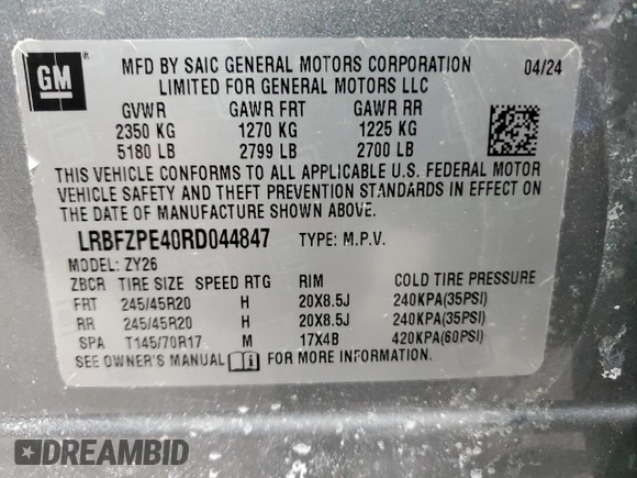 2024 Buick Envision Sport Touring with VIN LRBFZPE40RD044847, listed as a Copart auction lot 45391365 with Not Provided miles and Clean Title. Bid and sale history available at carsss.com. Image 14.