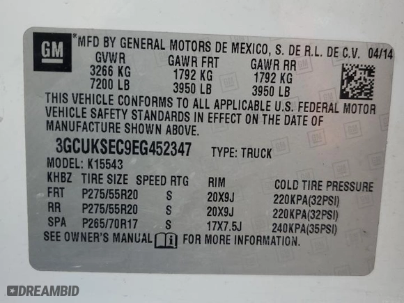 2014 Chevrolet Silverado 1500 LTZ with VIN 3GCUKSEC9EG452347, listed as a Copart auction lot 84880364 with NaN miles and Salvage Title. Bid and sale history available at carsss.com. Image 12.