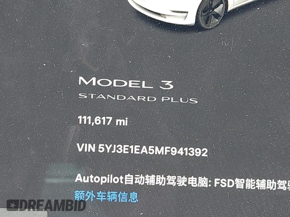 2021 Tesla Model 3 Standard Range Plus z VIN 5YJ3E1EA5MF941392, wystawiony jako IAAI lot #41888597 z przebiegiem 111 617 mil mil oraz . Historia ofert i sprzedaży dostępna na DreamBid. Obrazek 14.