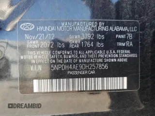 2013 Hyundai Elantra GLS with VIN 5NPDH4AE9DH257856, listed as a Copart auction lot 61301275 with 260,250 mi miles and Clean title. Bid and sale history available at DreamBid. Image 12.