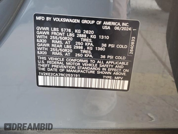 2024 Volkswagen Atlas SE with VIN 1V2KE2CA7RC253191, listed as a Copart auction lot 55147875 with 4,417 mi miles and Salvage title. Bid and sale history available at DreamBid. Image 13.