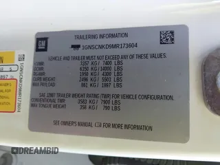 2021 Chevrolet Tahoe LT with VIN 1GNSCNKD9MR173604, listed as a IAAI auction lot 41036568 with 95,962 mi miles and . Bid and sale history available at DreamBid. Image 9.