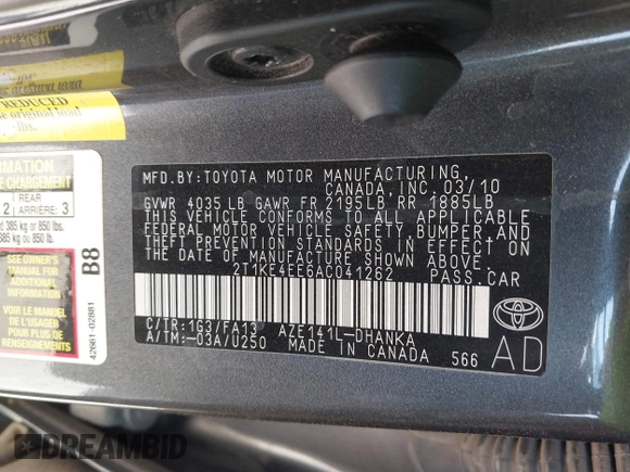 2010 Toyota Matrix S с VIN 2T1KE4EE6AC041262, выставлен на аукционе IAAI как лот 42547507 с пробегом 163 168 миль миль и . История ставок и продаж доступна на DreamBid. Изображение 9.