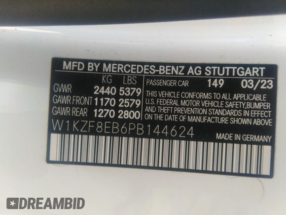 2023 Mercedes-Benz E 350 with VIN W1KZF8EB6PB144624, listed as a IAAI auction lot 41178775 with 13,615 mi miles and . Bid and sale history available at DreamBid. Image 9.