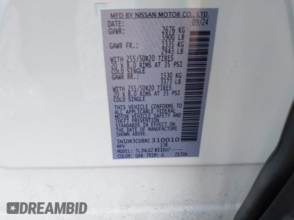 2024 Nissan Pathfinder SL с VIN 5N1DR3CD8RC310010, выставлен на аукционе IAAI как лот 41826608 с пробегом 6 079 миль миль и . История ставок и продаж доступна на DreamBid. Изображение 9.