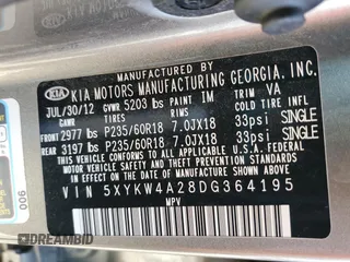 2013 Kia Sorento SX with VIN 5XYKW4A28DG364195, listed as a Copart auction lot 84892314 with 161,439 mi miles and Salvage title. Bid and sale history available at DreamBid. Image 13.