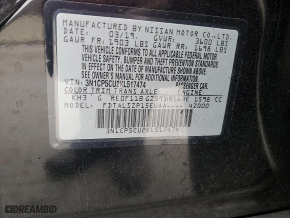 2019 Nissan Kicks SV with VIN 3N1CP5CU2KL517474, listed as a Copart auction lot 44125615 with 55,898 mi miles and Salvage Title. Bid and sale history available at carsss.com. Image 14.