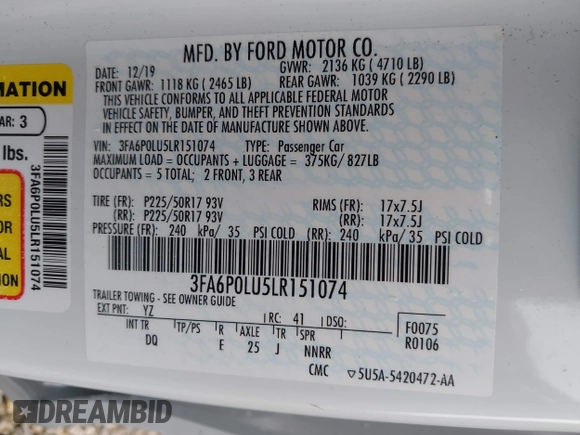 2020 Ford Fusion SE with VIN 3FA6P0LU5LR151074, listed as a IAAI auction lot 42146290 with 98,574 mi miles and . Bid and sale history available at carsss.com. Image 9.