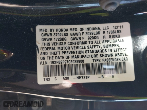 2012 Honda Civic EX-L with VIN 19XFB2F97CE028900, listed as a IAAI auction lot 41651336 with 174,338 mi miles and . Bid and sale history available at DreamBid. Image 9.