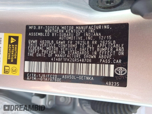 2016 Toyota Camry XLE with VIN 4T4BF1FK2GR548706, listed as a IAAI auction lot 41965363 with 70,284 mi miles and . Bid and sale history available at carsss.com. Image 9.