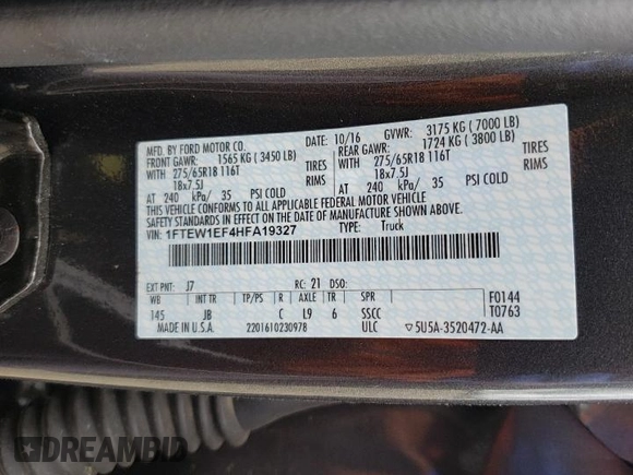 2017 Ford F-150 XL z VIN 1FTEW1EF4HFA19327, wystawiony jako Copart lot #45618432 z przebiegiem 183 934 mil mil oraz Szkoda całkowita • Salvage title. Historia ofert i sprzedaży dostępna na DreamBid. Obrazek 10.