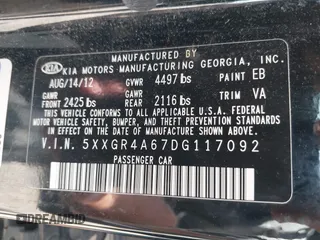 2013 Kia Optima SX with VIN 5XXGR4A67DG117092, listed as a IAAI auction lot 42270612 with Not provided miles and . Bid and sale history available at DreamBid. Image 9.