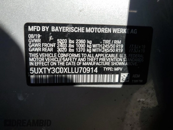 2020 BMW X3 sDrive30i with VIN 5UXTY3C0XLLU70914, listed as a Copart auction lot 80988354 with 69,662 mi miles and Salvage Title. Bid and sale history available at DreamBid. Image 15.