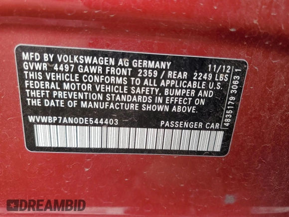 2013 Volkswagen CC Sport Plus с VIN WVWBP7AN0DE544403, выставлен на аукционе Copart как лот 56186675 с пробегом 119 268 миль миль и Списание • Salvage title. История ставок и продаж доступна на DreamBid. Изображение 12.