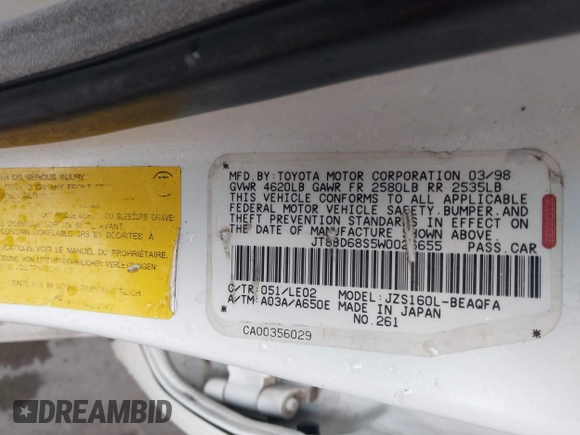 1998 Lexus GS 300 z VIN JT8BD68S5W0026655, wystawiony jako IAAI lot #41768829 z przebiegiem Nie podano mil oraz . Historia ofert i sprzedaży dostępna na DreamBid. Obrazek 9.