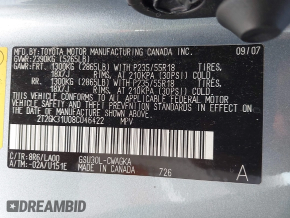 2008 Lexus RX 350 with VIN 2T2GK31U08C046422, listed as a IAAI auction lot 42151688 with 107,626 mi miles and . Bid and sale history available at DreamBid. Image 9.