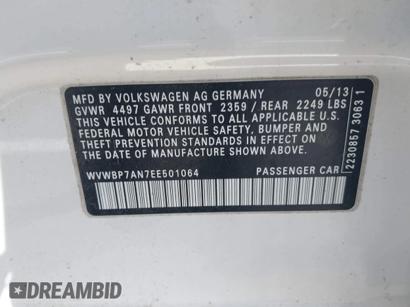2014 Volkswagen CC R-Line with VIN WVWBP7AN7EE501064, listed as a IAAI auction lot 42220870 with Not provided miles and . Bid and sale history available at DreamBid. Image 9.