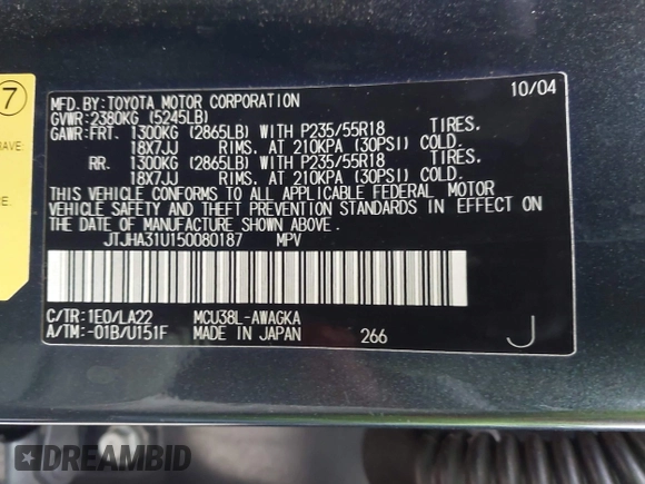 2005 Lexus RX 330 with VIN JTJHA31U150080187, listed as a IAAI auction lot 42065840 with 220,903 mi miles. Bid and sale history available at carsss.com. Image 9.