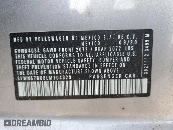 2020 Volkswagen Jetta S with VIN 3VWN57BU8LM104329, listed as a Copart auction lot 48314015 with 137,852 mi miles and Salvage title. Bid and sale history available at DreamBid. Image 12.