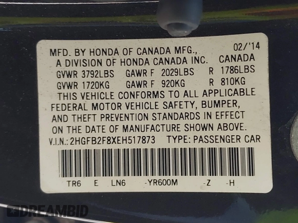 2014 Honda Civic Sedan EX with VIN 2HGFB2F8XEH517873, listed as a IAAI auction lot 42181326 with Not Provided miles. Bid and sale history available at carsss.com. Image 9.