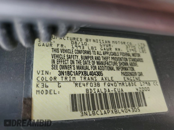 2011 Nissan Versa 1.8 S with VIN 3N1BC1APXBL404305, listed as a Copart auction lot 50777175 with 38,353 mi miles and Salvage Title. Bid and sale history available at carsss.com. Image 12.