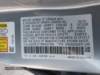 2022 Honda Civic Sedan EX with VIN 2HGFE1F79NH327295, listed as a IAAI auction lot 41718620 with 26,624 mi miles. Bid and sale history available at carsss.com. Image 9.