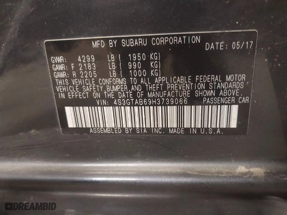 2017 Subaru Impreza Premium with VIN 4S3GTAB69H3739066, listed as a IAAI auction lot 41431248 with 123996 miles. Bid and sale history available at carsss.com. Image 9.