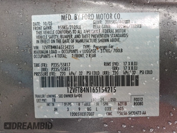 2006 Ford Mustang Standard with VIN 1ZVFT84N165154215, listed as a Copart auction lot 52100595 with 94,608 mi miles and Salvage Title. Bid and sale history available at carsss.com. Image 12.