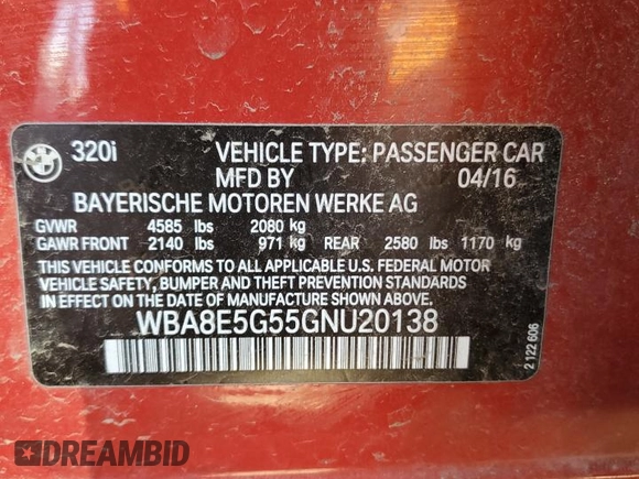 2016 BMW 3 Series 320i xDrive with VIN WBA8E5G55GNU20138, listed as a Copart auction lot 70131384 with 0 mi miles and Clean Title. Bid and sale history available at carsss.com. Image 12.