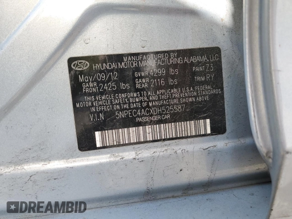 2013 Hyundai Sonata Limited with VIN 5NPEC4ACXDH525587, listed as a Copart auction lot 55355335 with 73,188 mi miles and Salvage Title. Bid and sale history available at DreamBid. Image 12.
